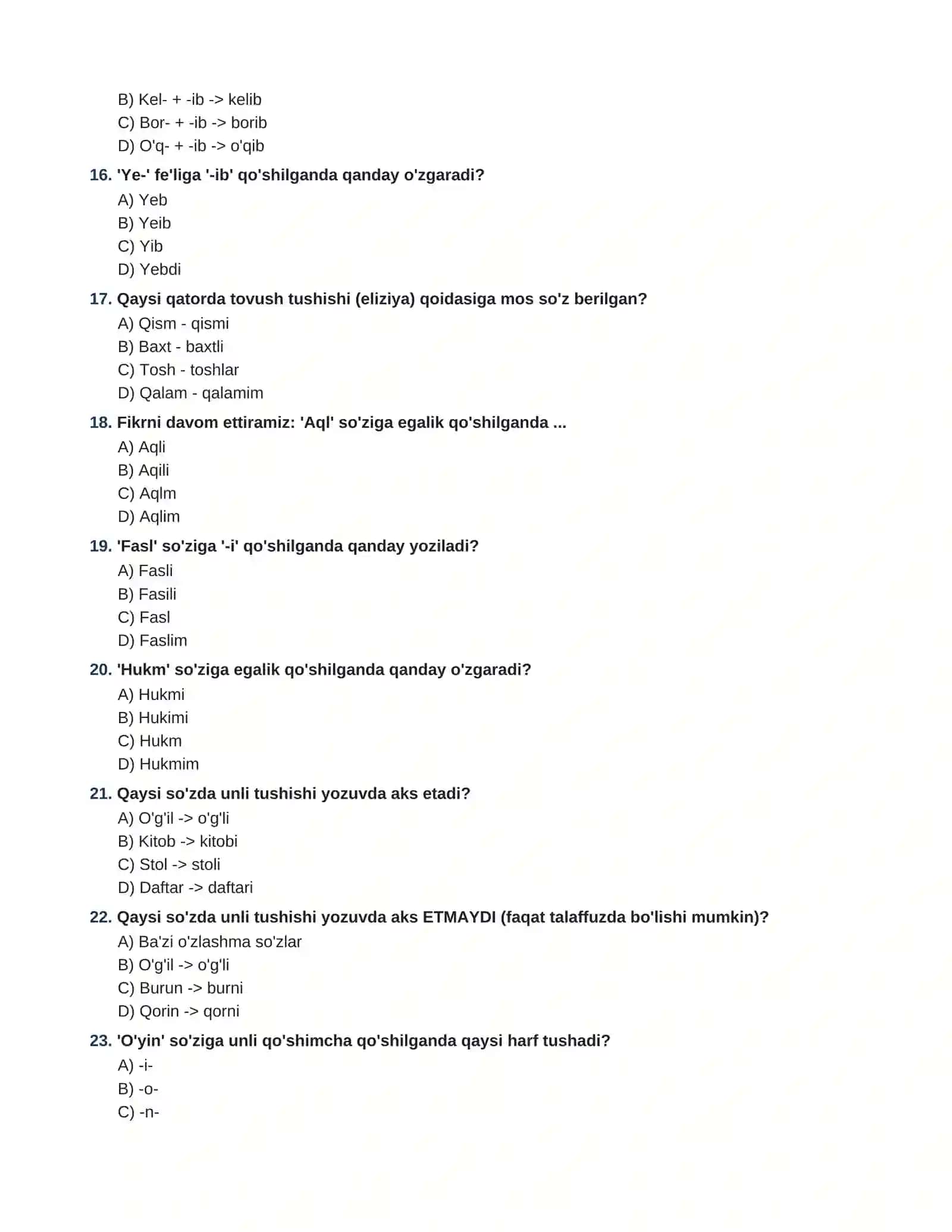 ONA TILI VA ADABIYOT  TOVUSH O'ZGARISHLARI: TUSHISH, ORTISH VA ALMASHINISH 100  TA TEST JAVOBLARI BILAN 3