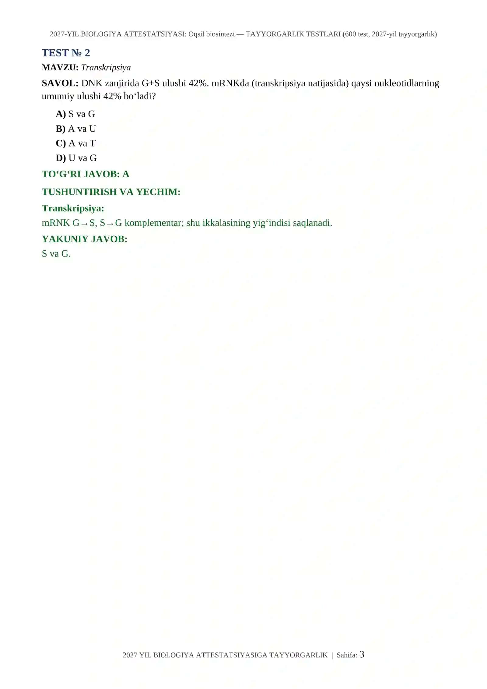 2027-YIL BIOLOGIYA ATTESTATSIYASI: Oqsil biosintezi — TAYYORGARLIK TESTLARI (600 test, 2027-yil tayyorgarlik) 3