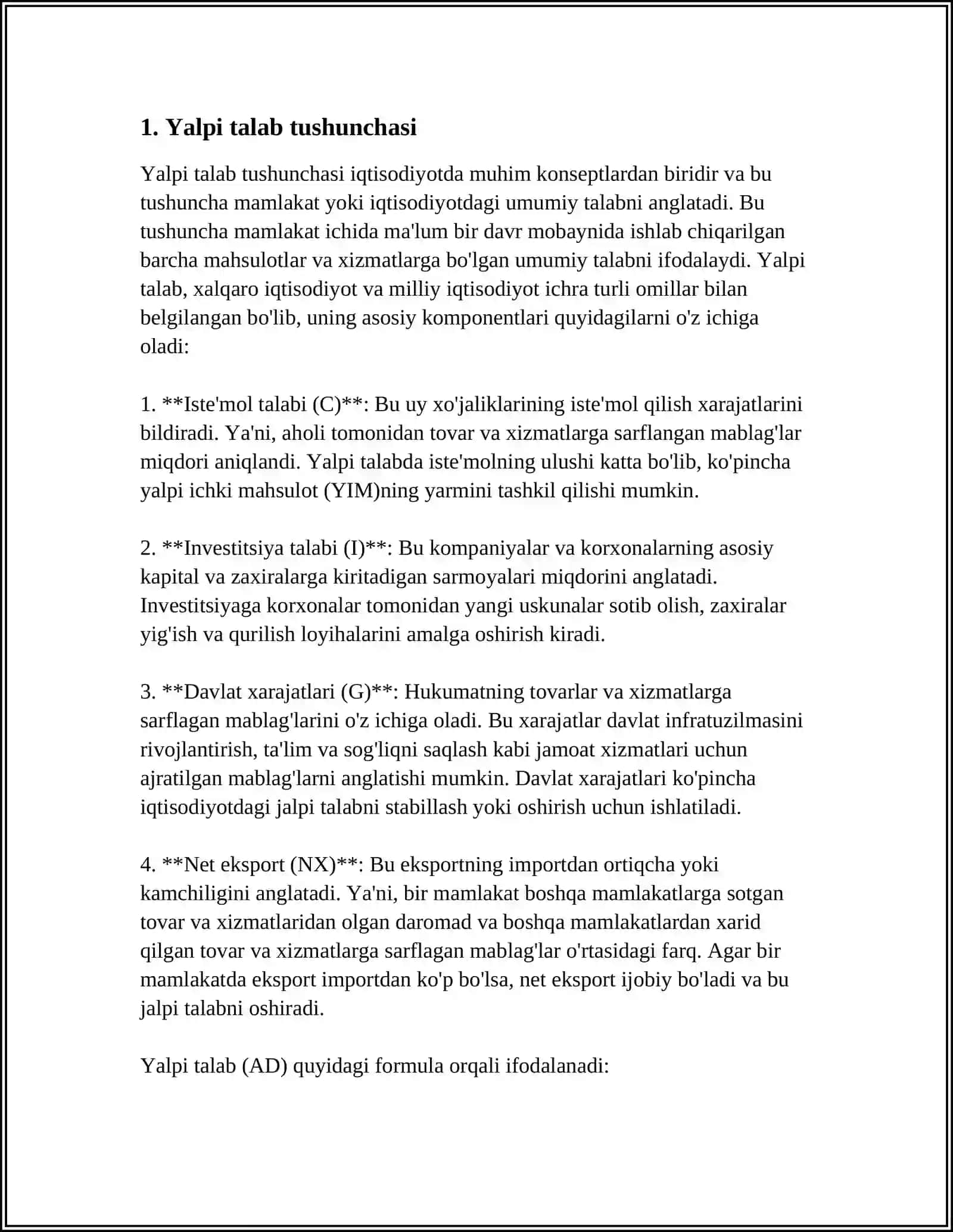 YALPI TALAB VA YALPI TAKLIFNING MAKROIQTISODIY KO'RSATKICHLARGA TA' SIRI 3