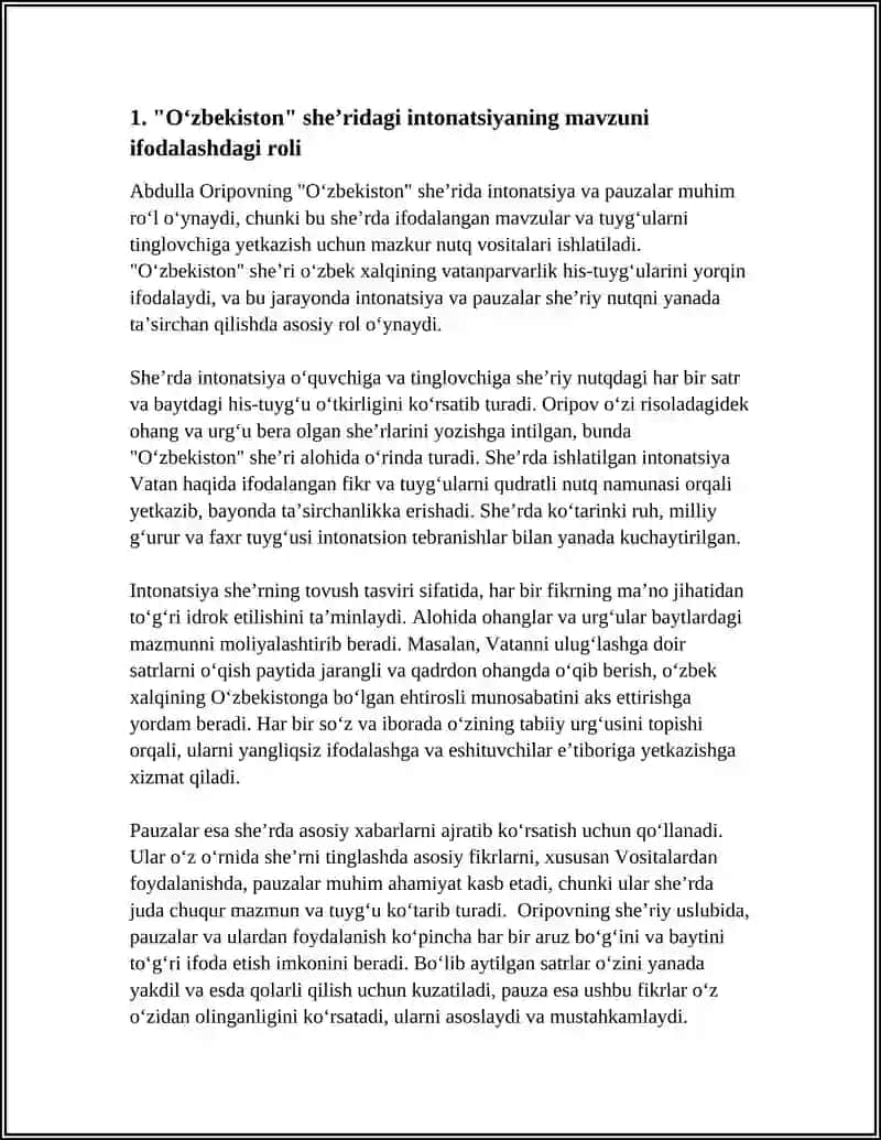 ABDULLA ORIPOVNING "OʻZBEKISTON "SHEʼRIDAGI INTONATSIYA,PAUZALAR,USTIDA ISHLASH 3