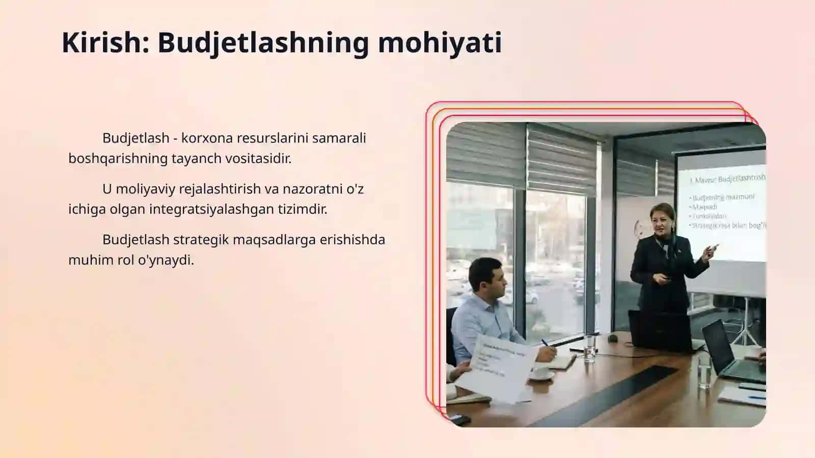 Budjetlashtirish va rejalashtirish Budjetning mazmuni, maqsadi, funksiyalari va strategik reja bilan o‘zaro bog‘liqligi. Budjet davri, budjet qo‘mitasi, budjet qo‘llanmasi, mas’uliyat markazlari va budjetlashtirish jarayonining tashkiliy bosqichlari. Yuqoridan pastga, pastdan yuqoriga va ishtirokchi budjetlashtirish yondashuvlari; budjet bo‘shlig‘i va xulq-atvor omillari. Sotuv prognozi va sotuv budjeti, tayyor mahsulot zaxirasi siyosati asosida ishlab chiqarish budjeti. Material sarfi va xaridi 3