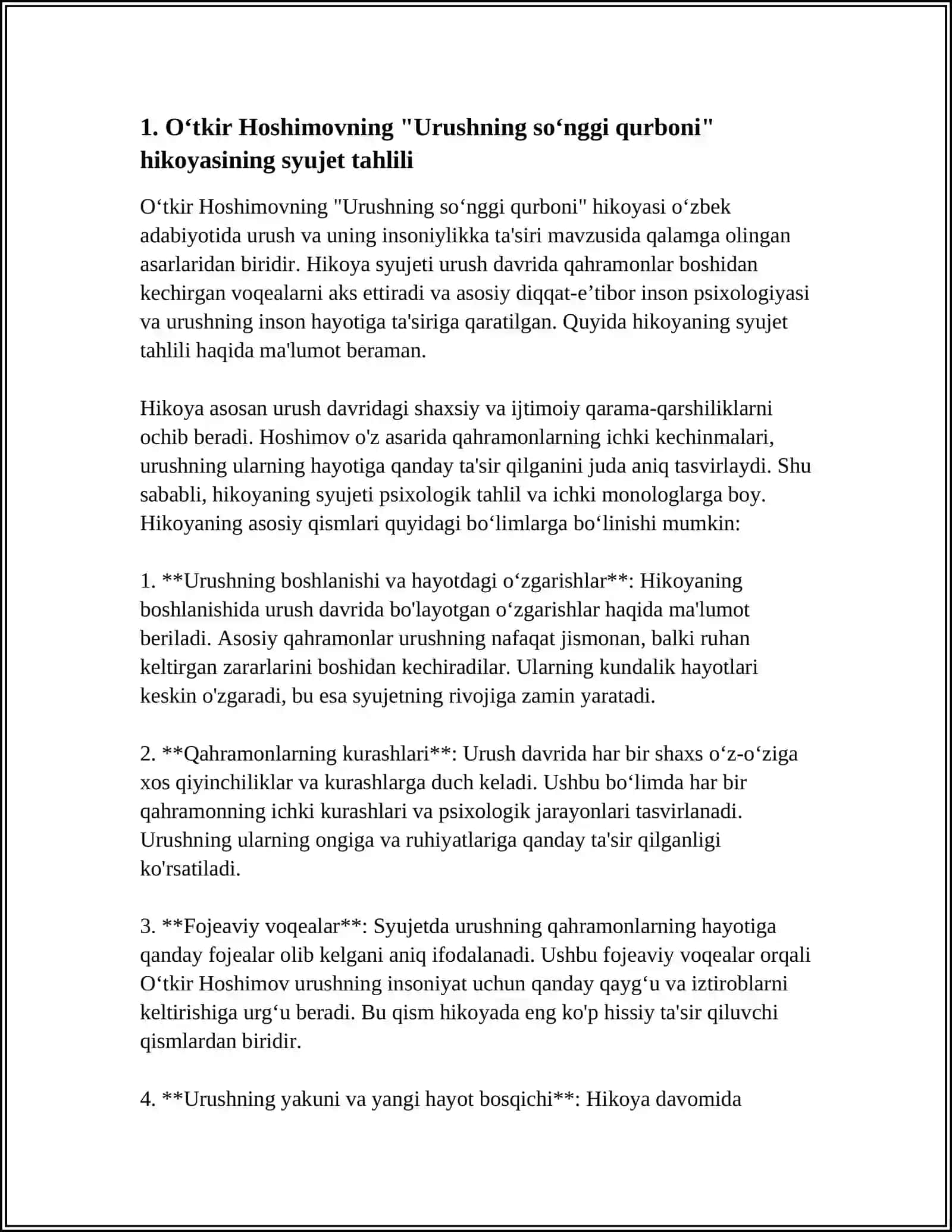 Oʻtkir Hoshimovning "Urushning soʻnggi qurboni" hikoyasi 3