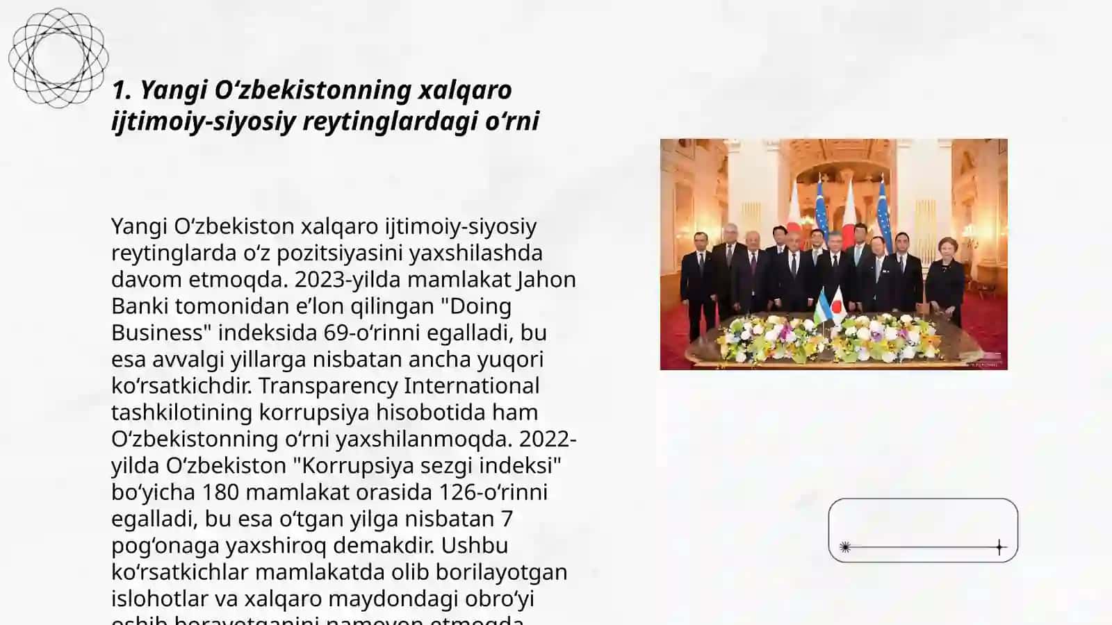 Yangi O‘zbekiston ijtimoiy-siyosiy, iqtisodiy va madaniy hayotida roʻy berayotgan oʻzgarishlarning xalqaro reyting va indekslarda aks etishi 3