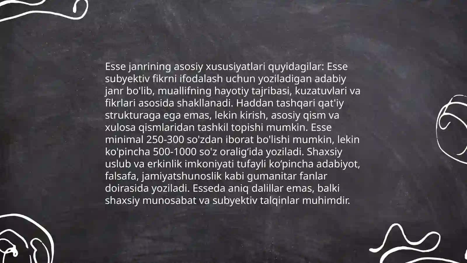 Esse janrining talablari va taʼrifiga koʻra matn va taqdimot tayyorlash 3