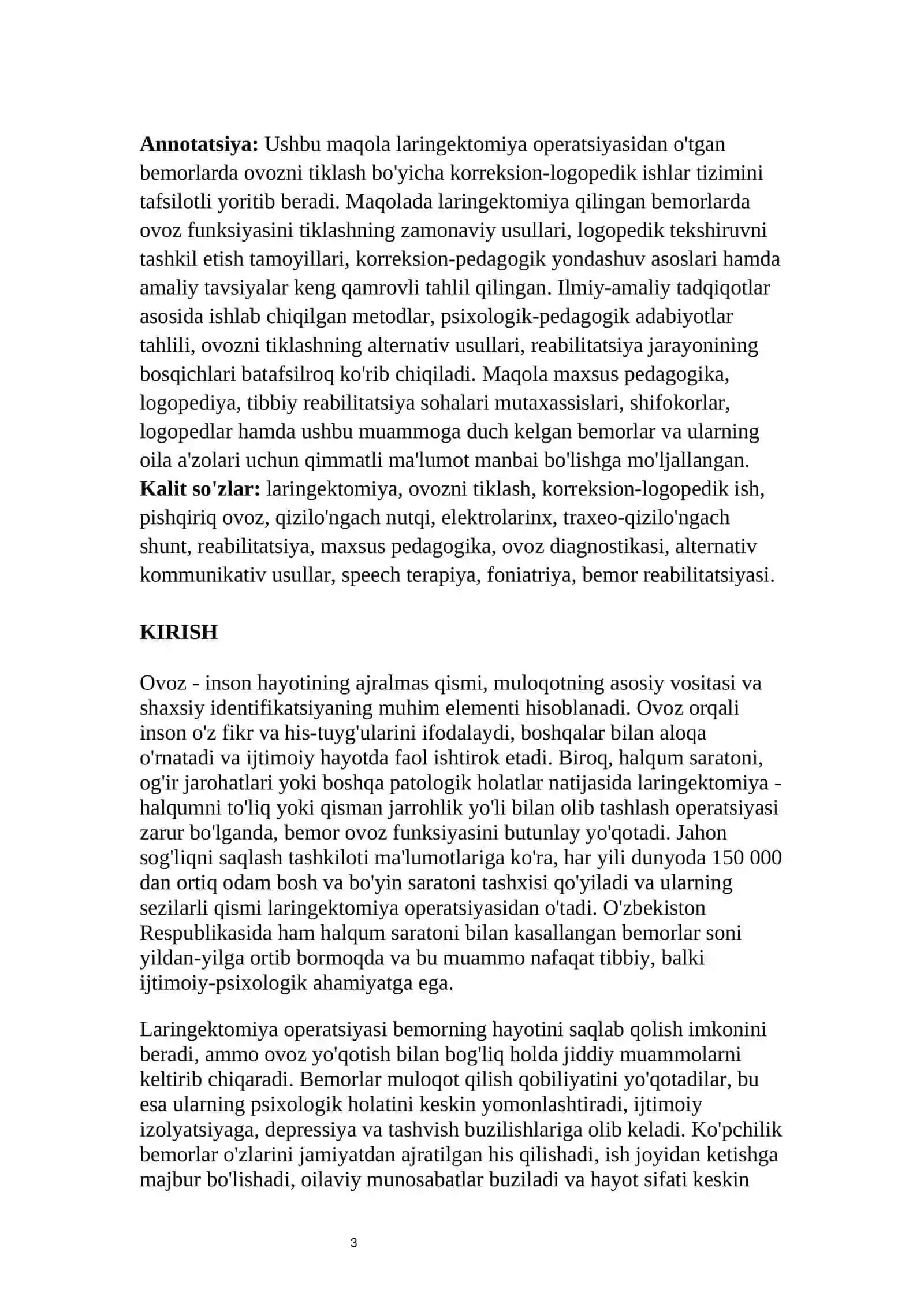 LARINGEKTOMIYA QILINGAN BEMORLARDA OVOZNI TIKLASH BO'YICHA KORREKSION ISH TIZIMI 3