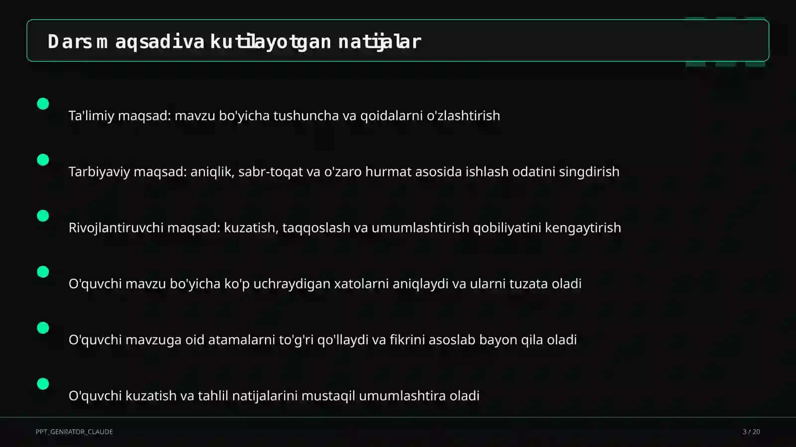 Sinf soati va tarbiyaviy tadbirlar (1–11) — ochiq dars uchun 3
