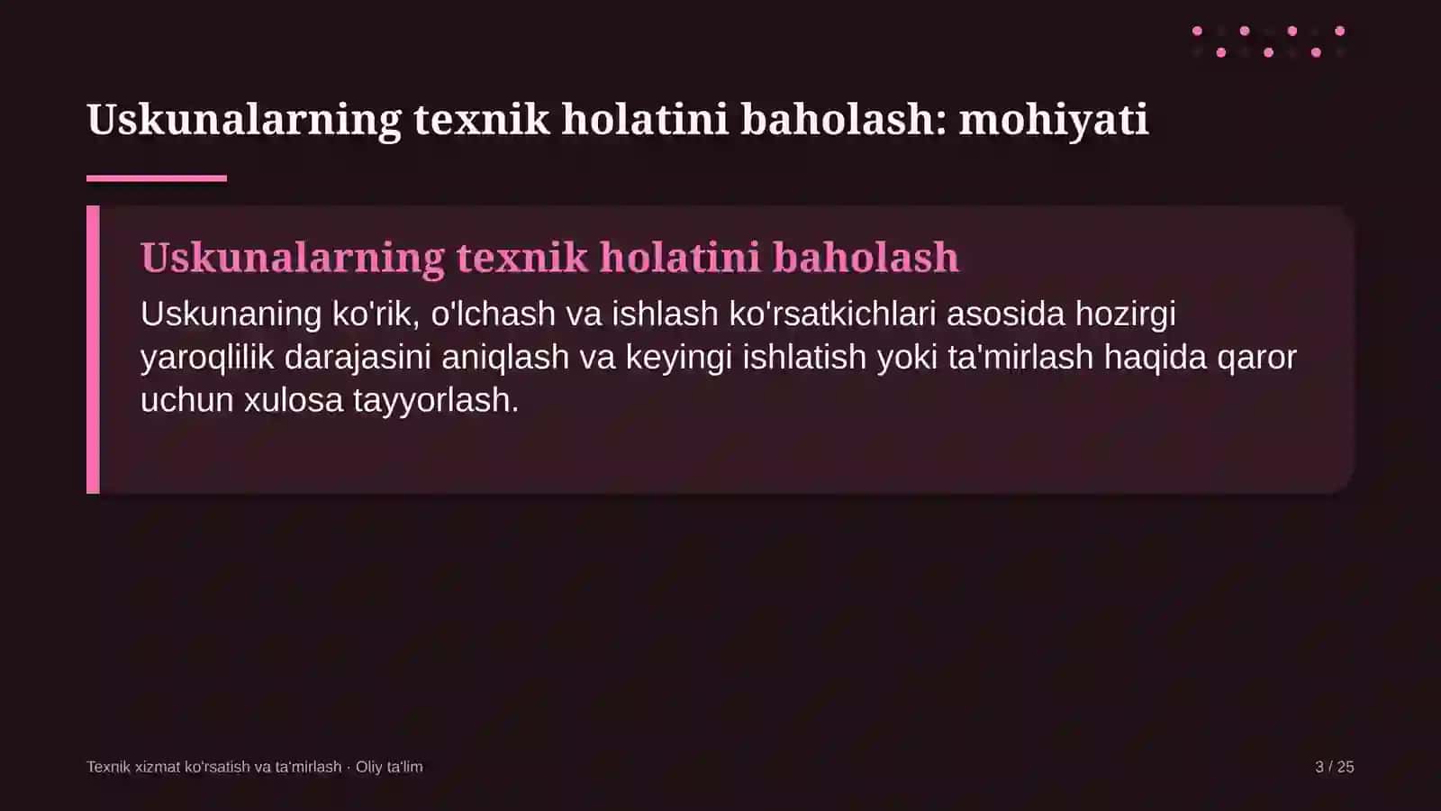 TEXNIK XIZMAT KO'RSATISH VA TA'MIRLASH · OLIY TA'LIM 3
