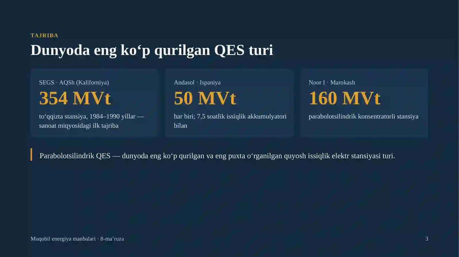 Parabolotsilindrik turdagi quyosh issiqlik elektr stansiyasini ishlab chiqish va loyihalash 3