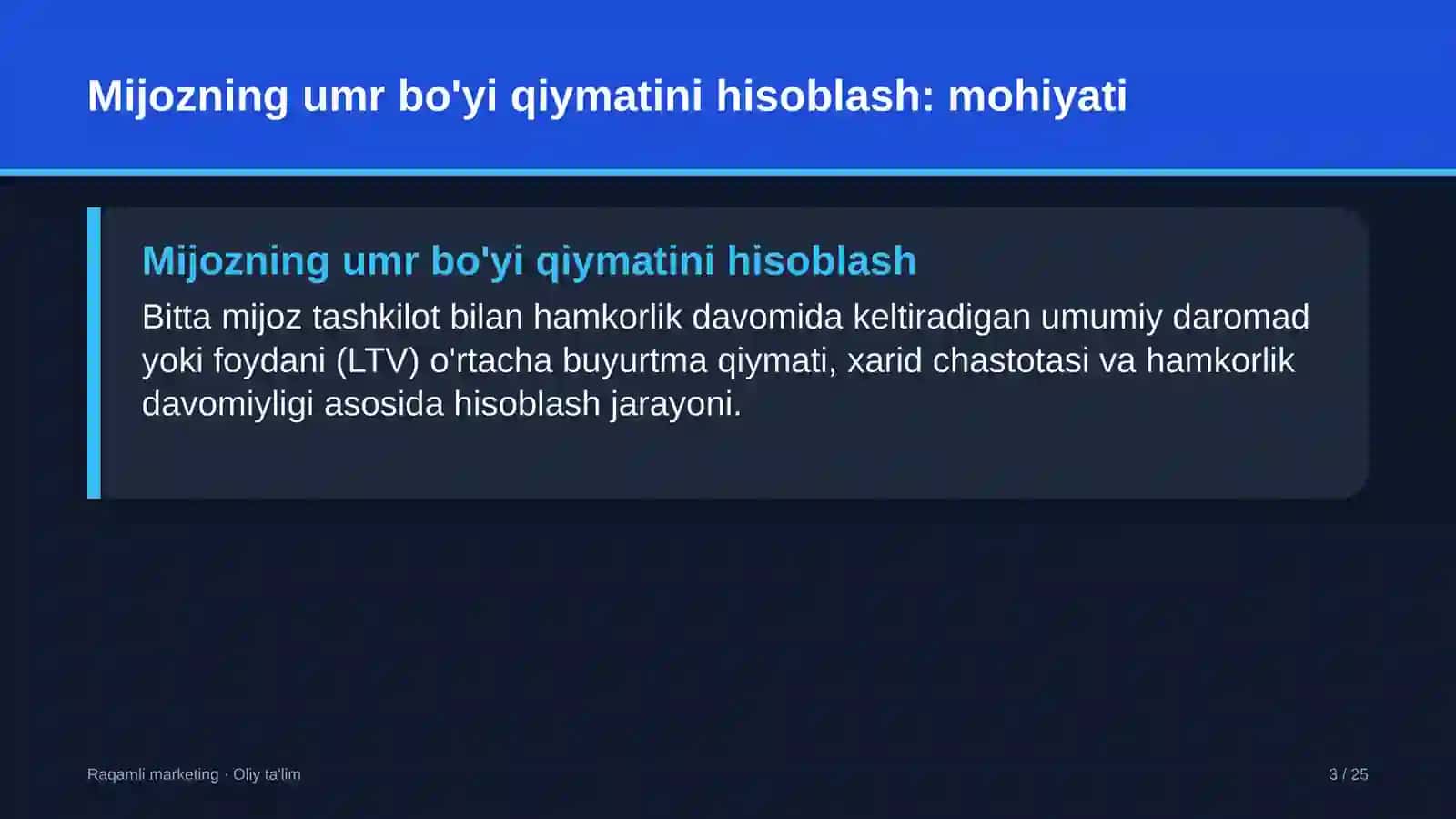 dorixonalarda mijozning umr bo'yi qiymatini hisoblash 3556 3