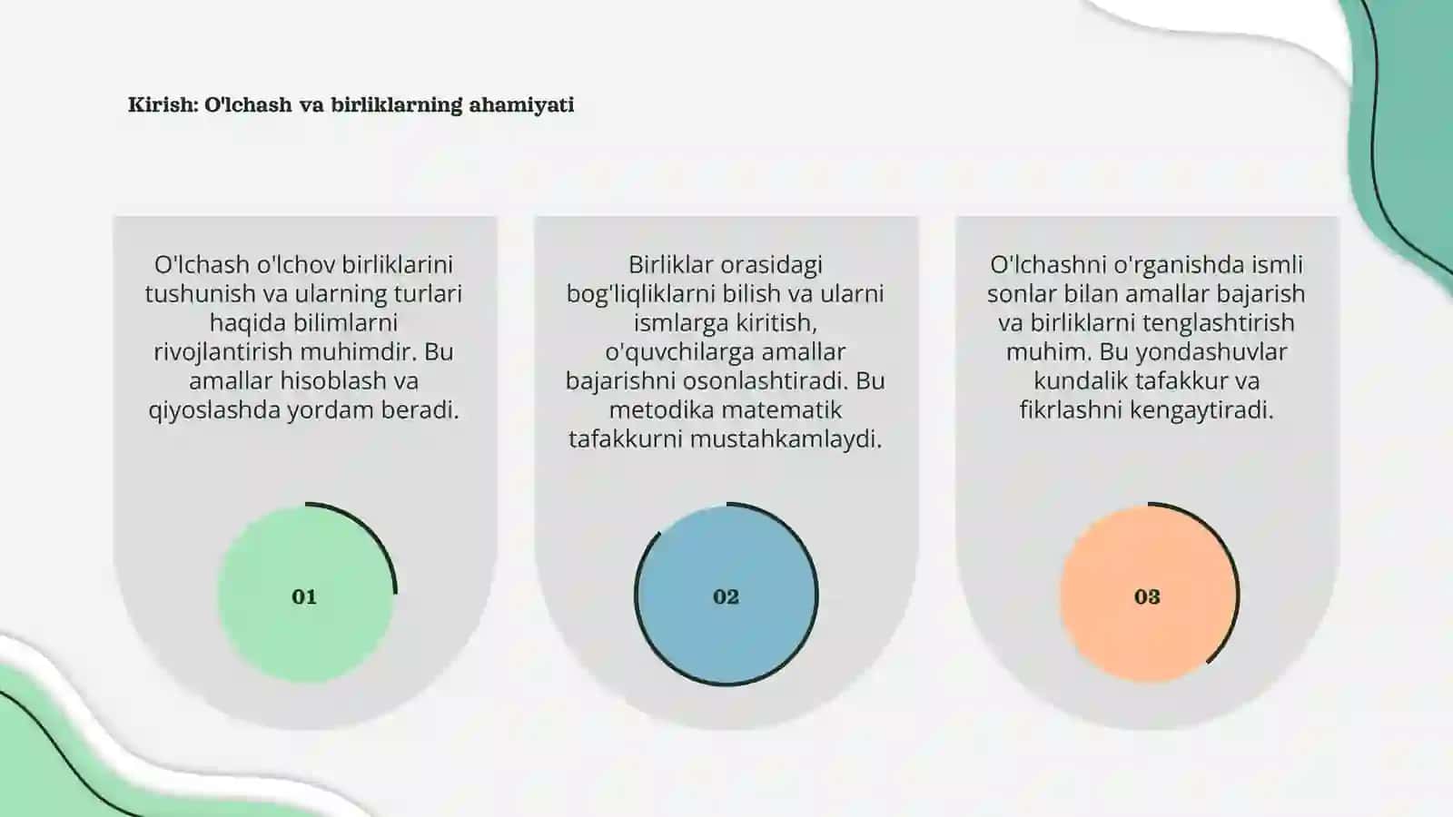 Miqdorlarni o'lchash o'lchov birliklarining turlari orasidagi bog'liqliklar va ular ustida (ismli sonlar ustida) amallar bajarishga o'rgatish metodikasi 3