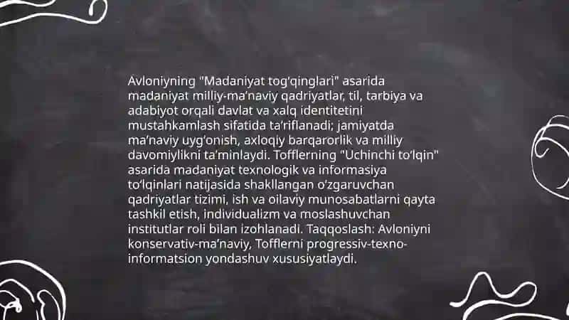 Avloniyning "Madaniyat togʻqinglari "va Tofflerning "Uchinchi toʻlqin " asarlarini qiyosiy tahlil qilish 3