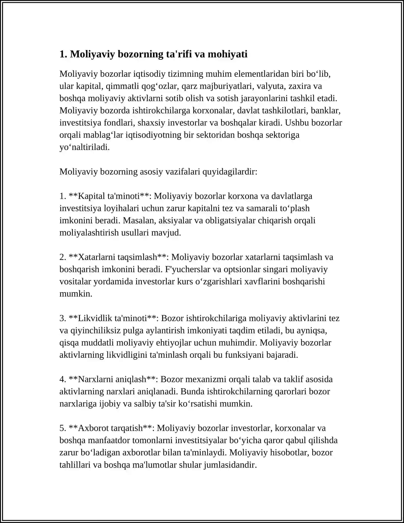 Moliyaviy bozorning mo'hiyati, zarurligi, asosiy vazifalari va turari 3