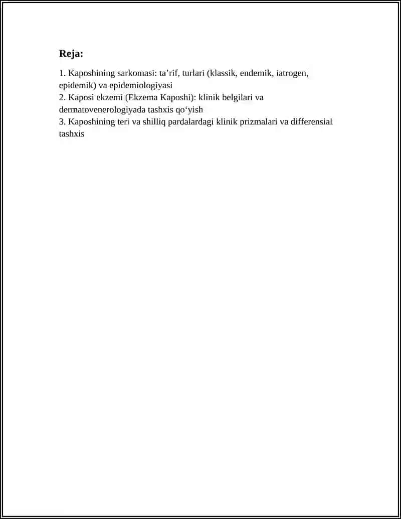 Kaposhining sarkomasi. Ekzema Kaposhi. Ifa va PZR diagnostik usullarining dermatovenerologiyada qo'llanishi 3