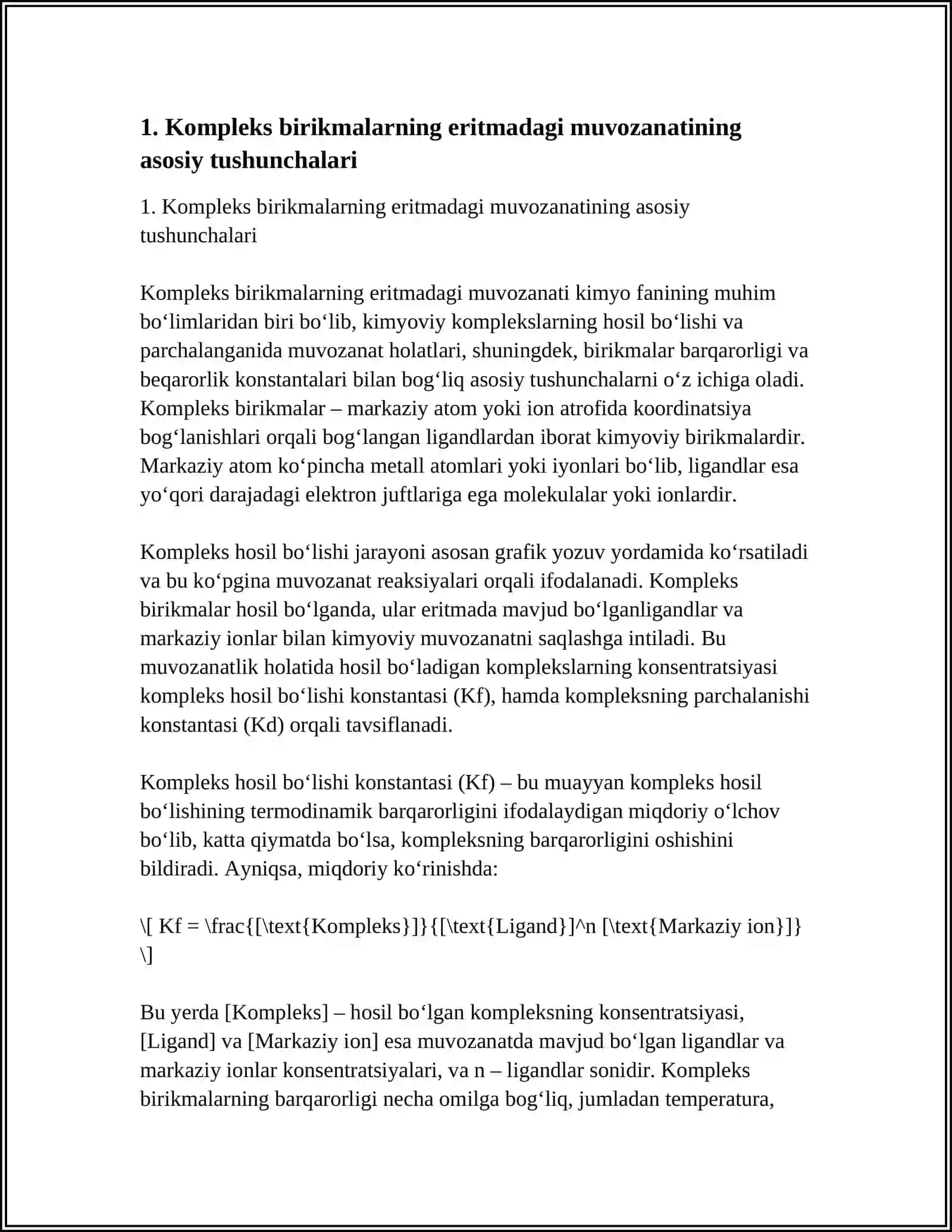 KOMPLEKS BIRIKMALARNING ERITMADAGI MUVOZANATII. BARQARORLIK VA BEQARORLIK KONSTANTALARI 3
