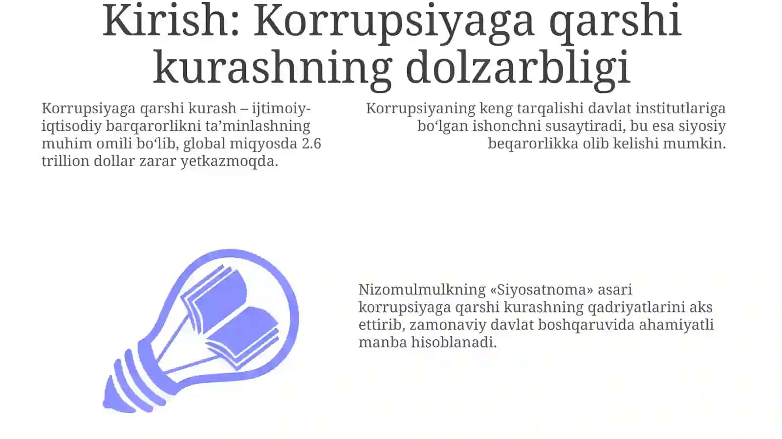 Mavzu: Korrupsiyaga kurash mexanizmi,Nizomulk "Siyosatnoma"jamiyat boshqaruvida esse tayyorlash 3