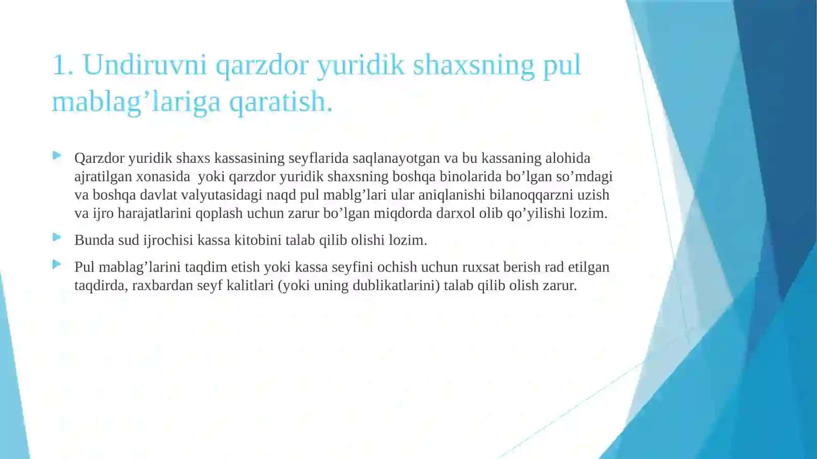 Undiruvchi qarzdor yuridik shaxsning mol-mulkiga qaratishning xususiyatlari, qarzdor yuridik shaxsning mol-mulkini xatlash va realizatsiya qilish 3