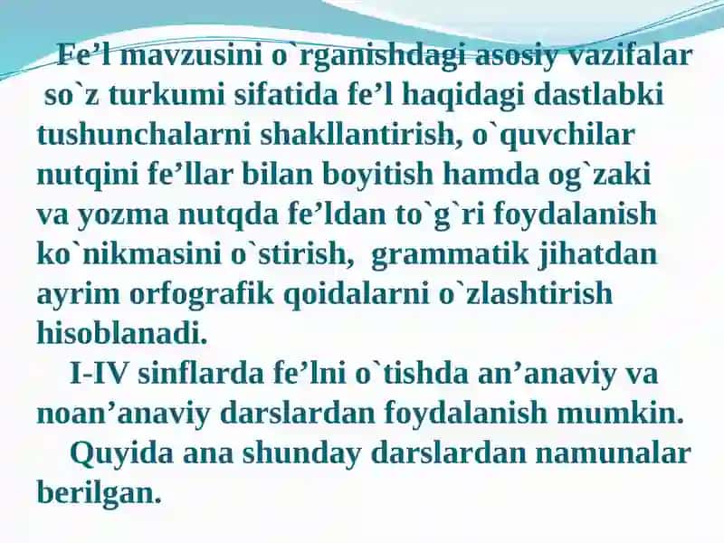 Fe’lnio‘rganish darsi rejasini va ishlanmasini tuzish 3