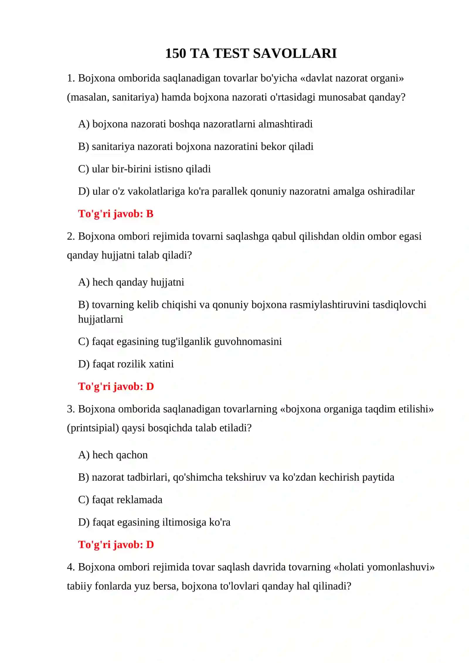 BOJXONA OMBORI TARTIBI TESTLARI 3