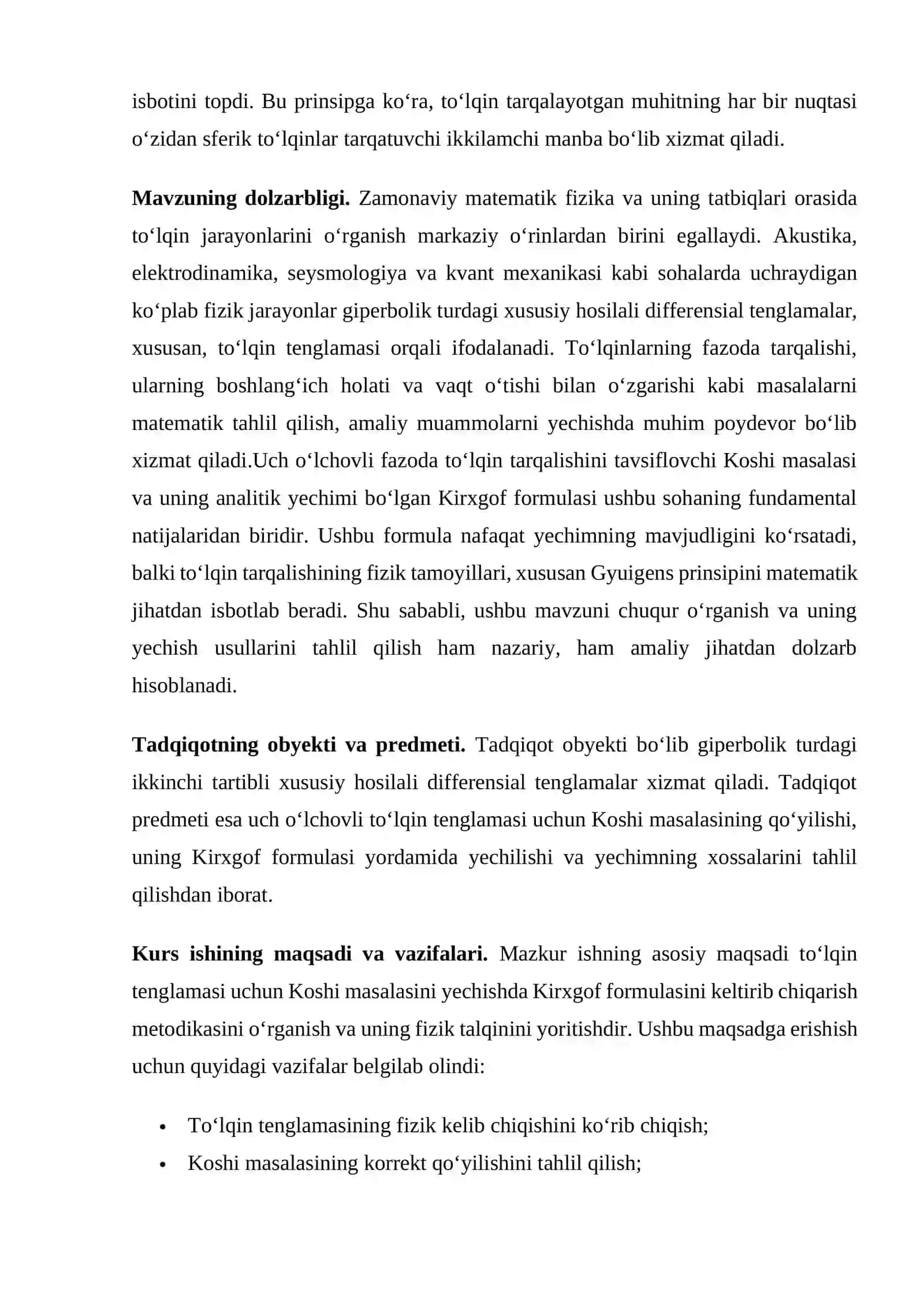Toʻlqin tenglamasi uchun Koshi masalasi. Kirxgof formulasi. 3