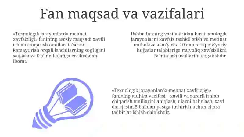 Texnologik jarayonda mehnat faoliyati xavfsizligi fanining maqsad va vazifasi 3