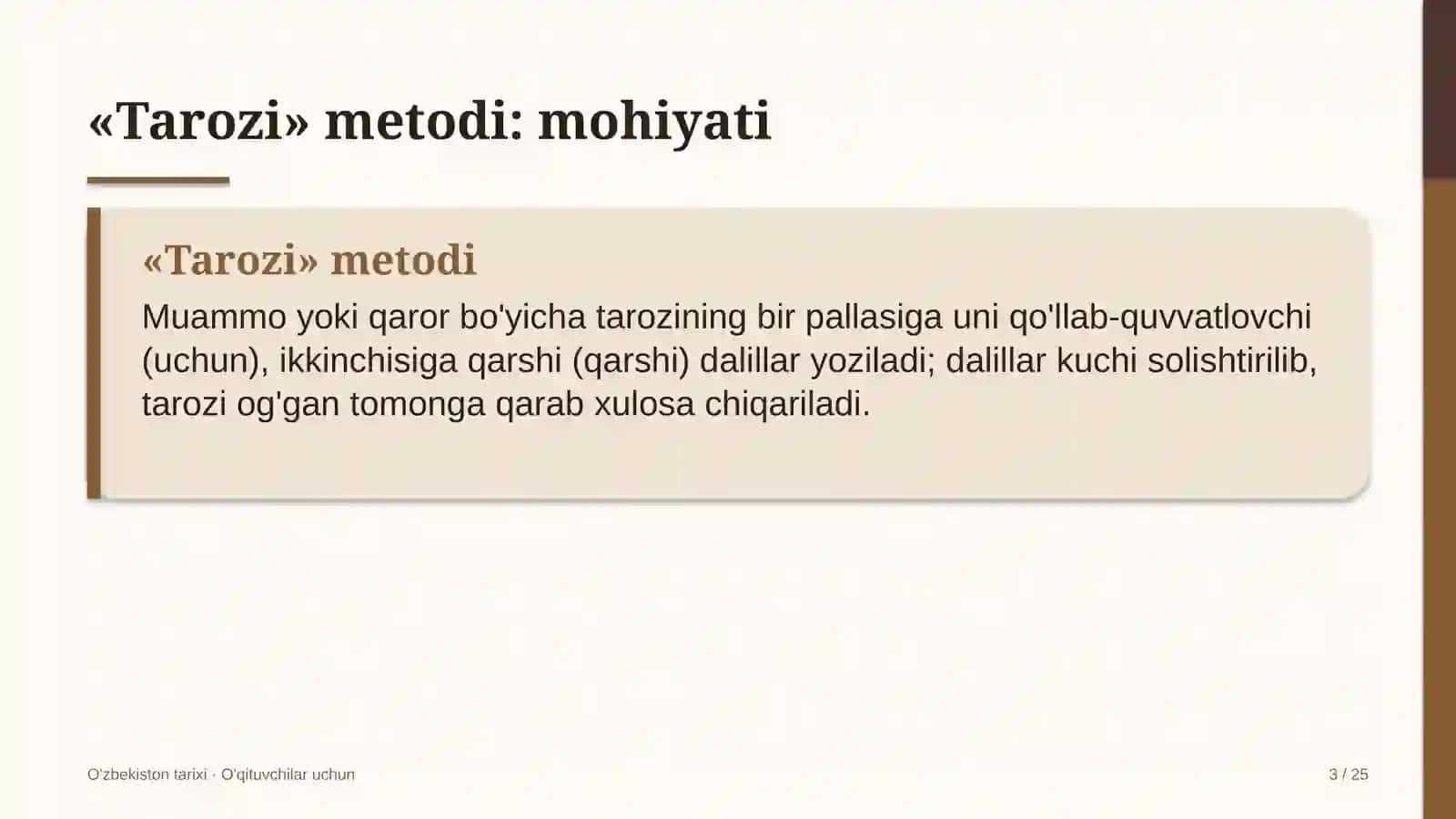 o'zbekiston tarixi darslarida tarozi metodidan foydalanish 7498 3