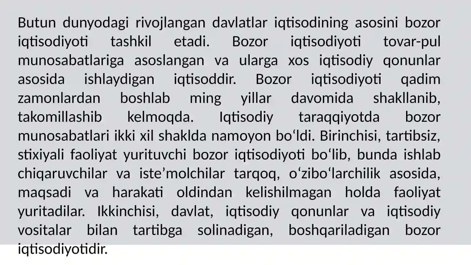 Iqtisodiy islohotlar, xususiy mulkchilikning  shakllanishi. O‘zbekistonda bozor  munosabatlarining rivojlanishi 3