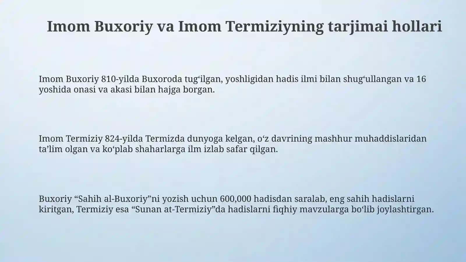 Imom Buxoriy va Imom Termiziyning hadis ilmiga qoʻshgan hissalarini qiyosiy tahlili 3