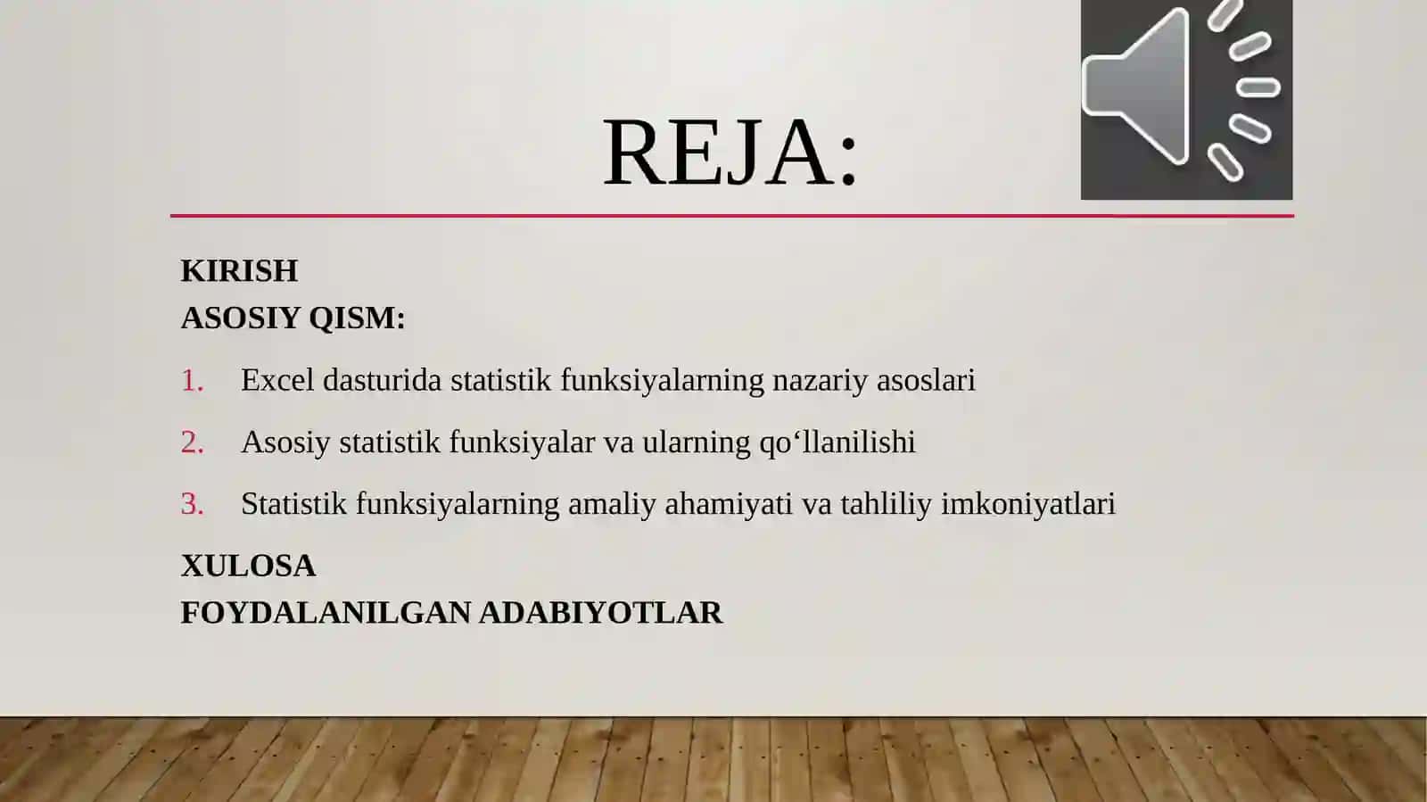 Nozimova Nigoraxonning Axborot texnologiyalari fanidan tayyorlagan TAQDIMOTI: EXCEL DASTURI DA STATISTIK FUNKSIYALAR BILAN ISHLASH 3