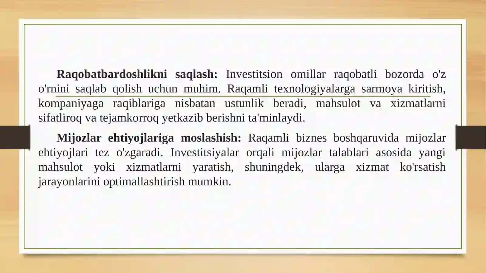 Xorijiy investitsiyalar fanidan Investitsion omillarning raqamli biznes boshqaruvidagi o'rni va ahamiyatining tahlili 3