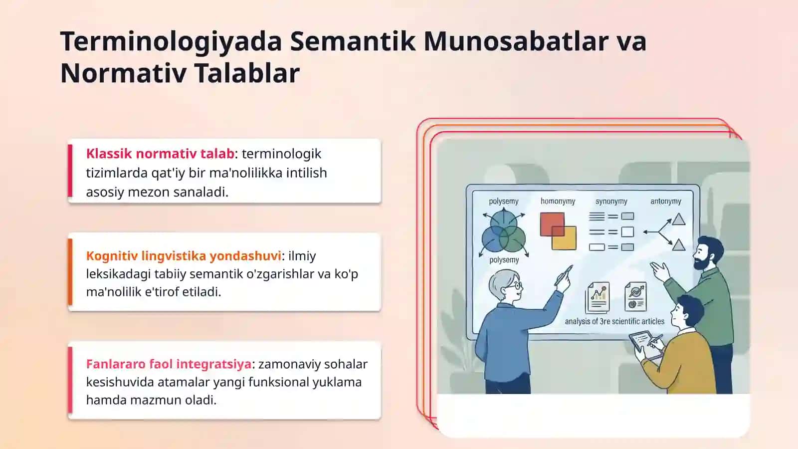Terminlar tizimidagi polisemiya Terminologiyada omonimiya. Terminologiyada sinonimiya. Terminologiyada antonimiya. Mavzulari bo'yicha 3-ta ilmiy maqola chuqur tahlili 3