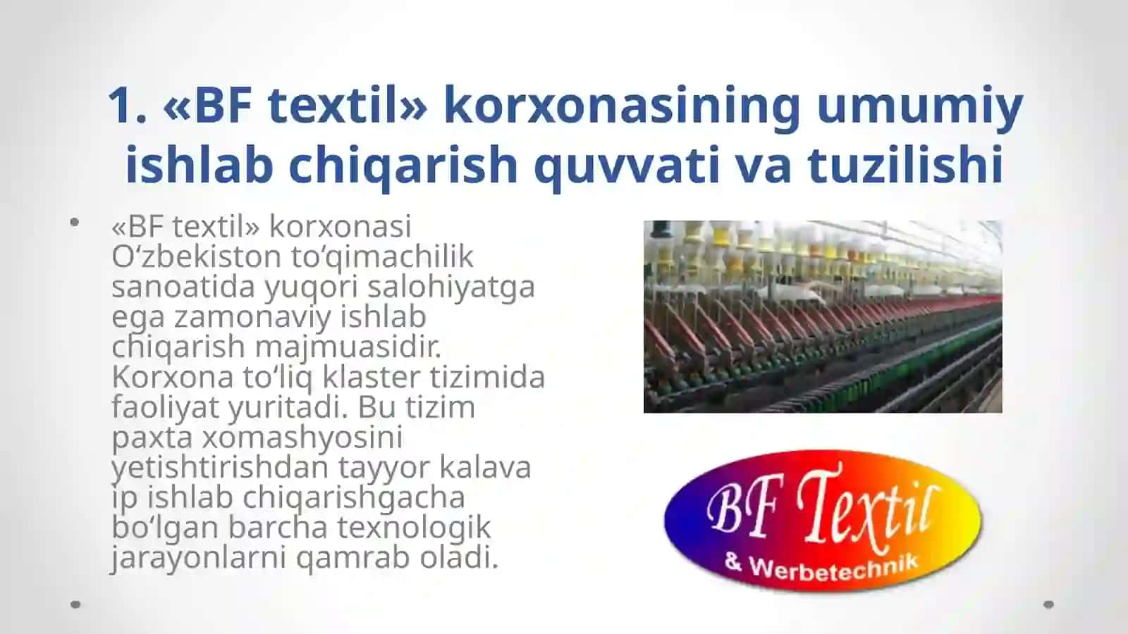 «BF textil» korxonasinimg ip yigirish texnika va texnologiyasi qiyosiy tahlili 3