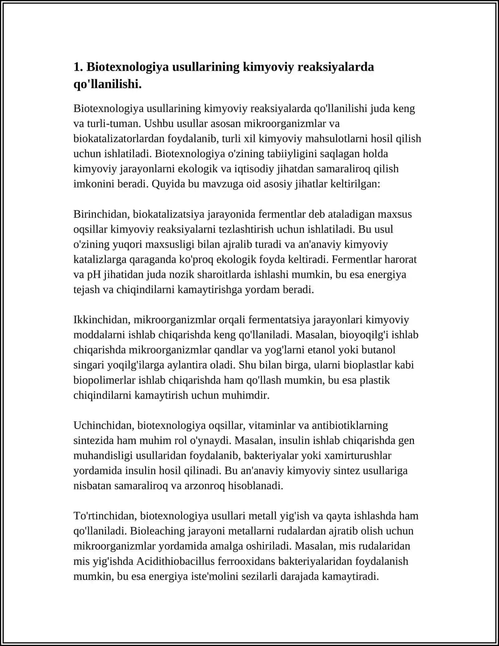 BIOTEXNOLOGIYA USULLARINI KIMYOVIY REAKSIYALARDA QO‘LLASH 3