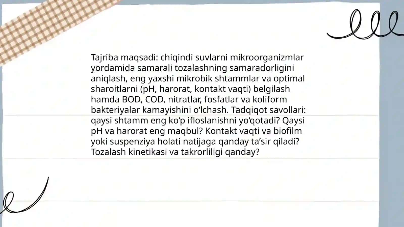 Chiqindi suvlarni mikroorganizmlar yordamida tozalash bo'yicha laboratoriya tajribasi 3