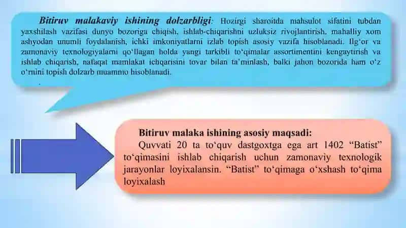 Quvvati 20 ta to‘quv dastgohga ega bo‘lgan art 1402 “Batist” to‘qimasini ishlab chiqarish uchun zamonaviy texnologik jarayonlar loyihalansin 3