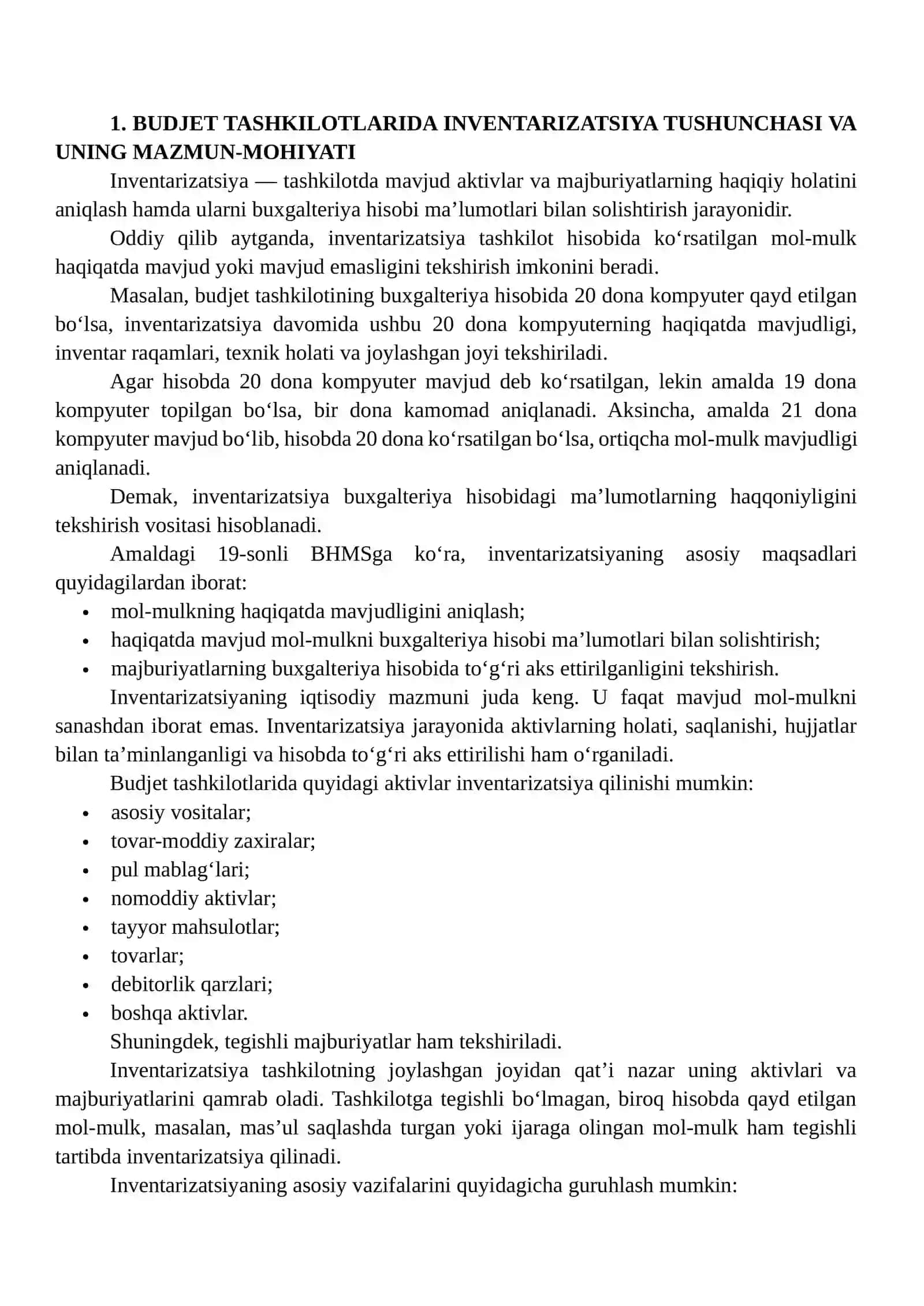 BUDJET TASHKILOTLARIDA INVENTARIZATSIYANI TASHKIL ETISH VA UNING HISOBDAGI AHAMIYATI 3