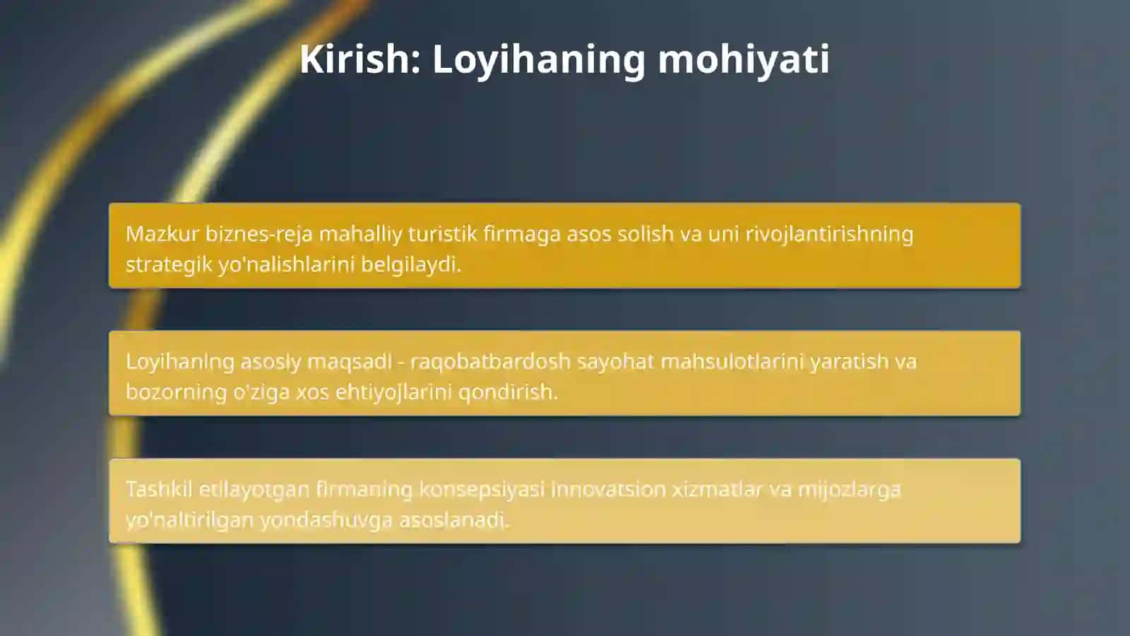 Mahalliy turistik firma uchun to'liq biznes-reja Vazifa: real bozor ma'lumotlariga asoslangan moliyaviy prognoz, SWOT va breakeven-hisob bilan to'liq loyiha tayyorlash. 3