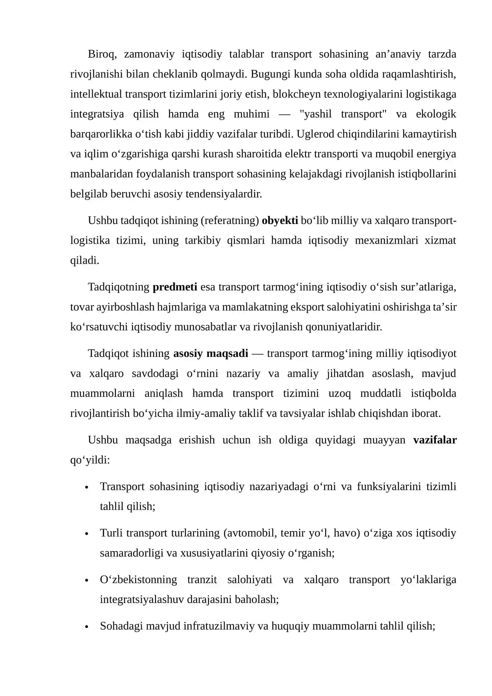 Transport tarmogʻining iqtisodiyotdagi o'rni va rivojlanish istiqbollari 3