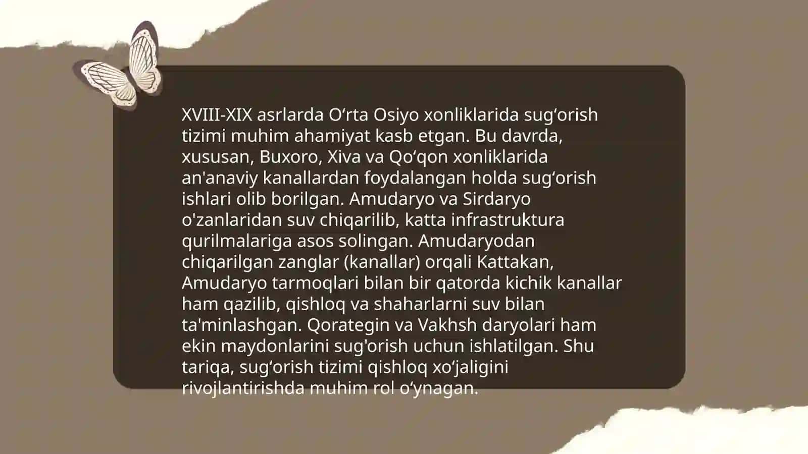 XVIII-XIX asrning 1-yarmida Oʻrta Osiyo xonliklarida sugʻorish inshootlarining barpo etilishi 3