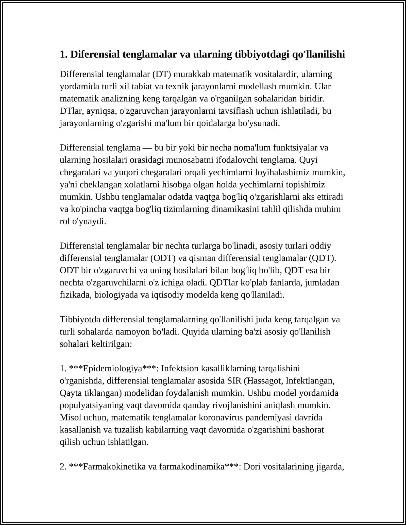 TIBBIY-BIOLOGIK MAZMUNDAGI DIFFERENSIAL TENGLAMALARNI TUZISH VA YECHISH 3
