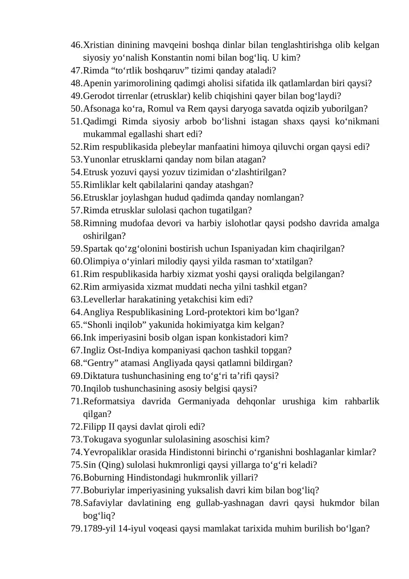 DUNYO TARIXI TESTLARI Talaba varianti 3