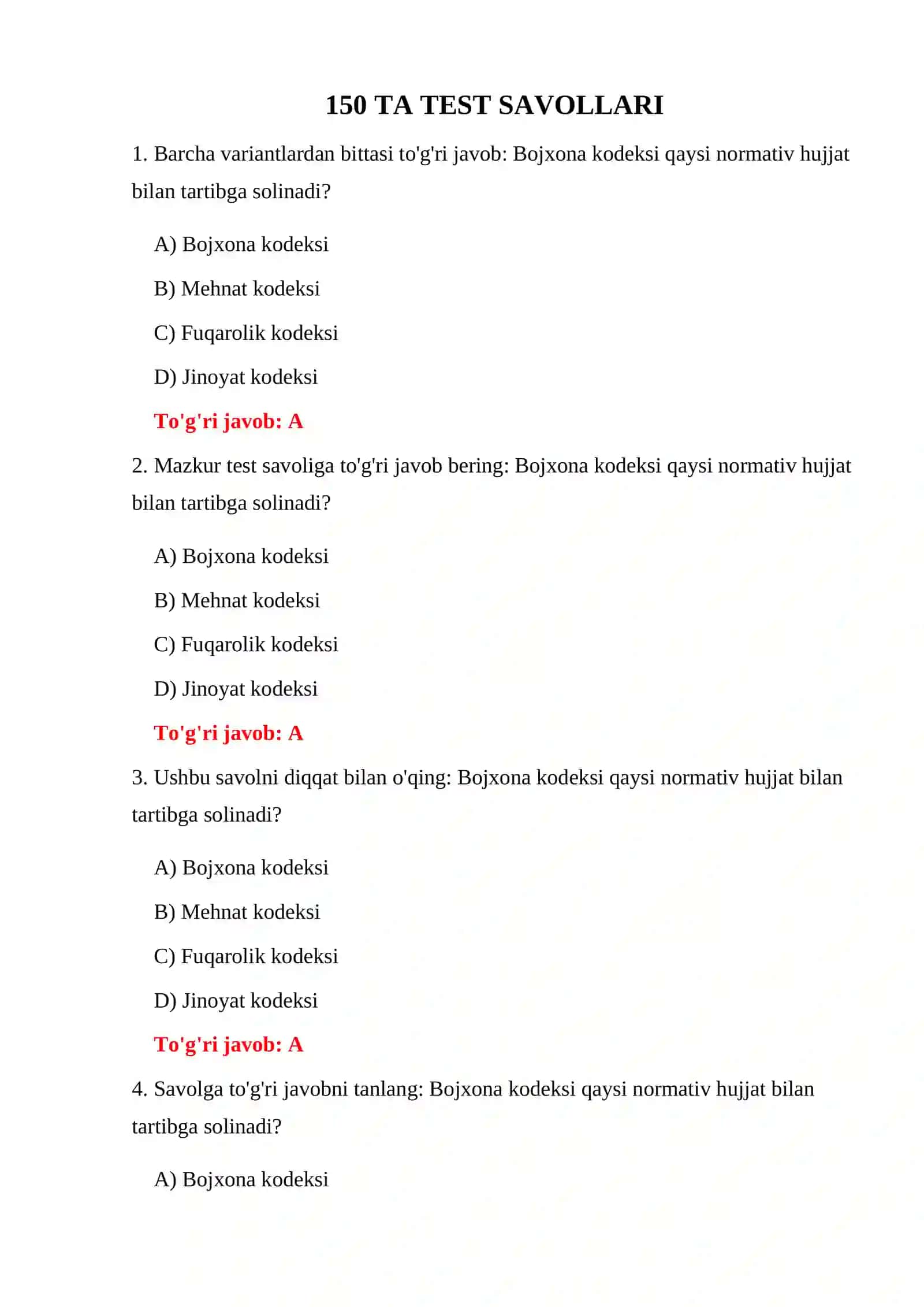 BOJXONA QO'MITASI XODIMLARI TESTLARI 3