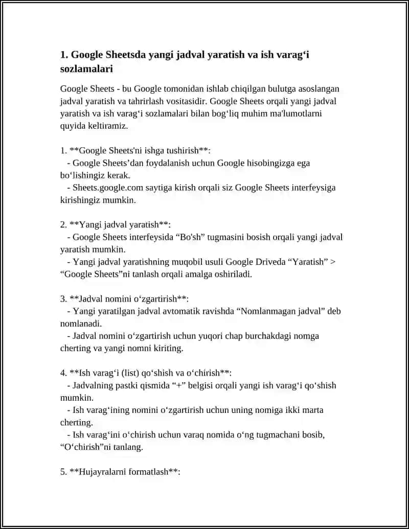GOOGLE SHEETSDA JADVALLAR YARATISH 3