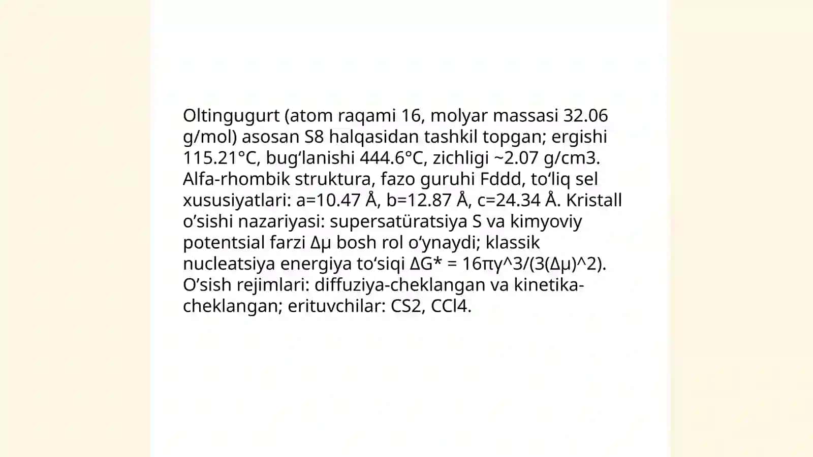 Oltingugurt kristallarini oʼstirish 3