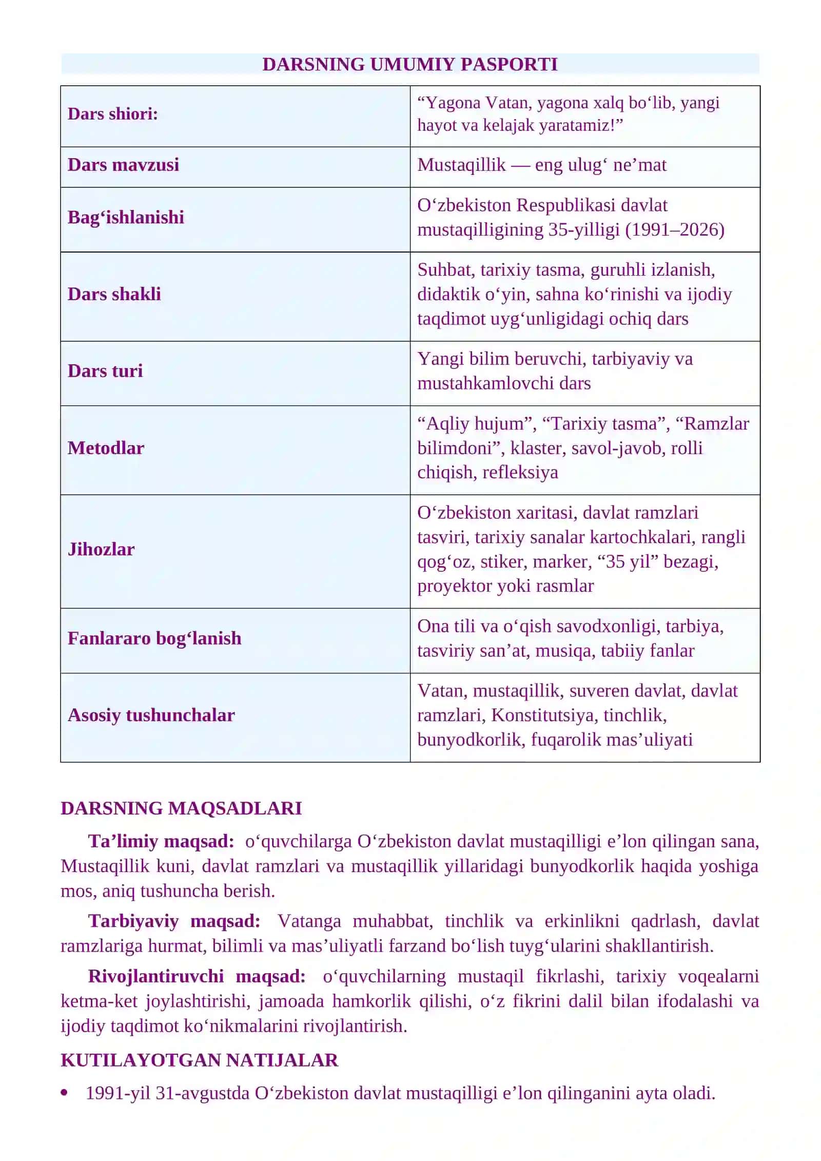 DARS ISHLANMASI Mustaqillikning 35 yilligi 3