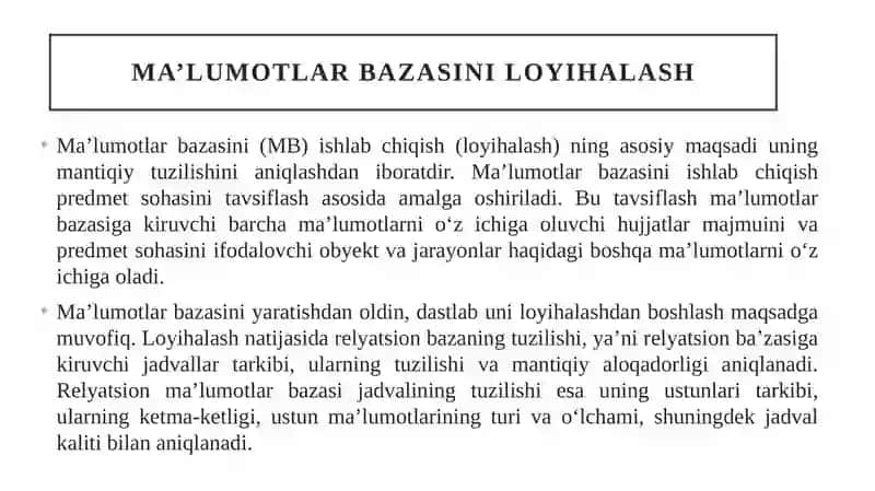 Ma’lumotlar bazasini loyihalash 3