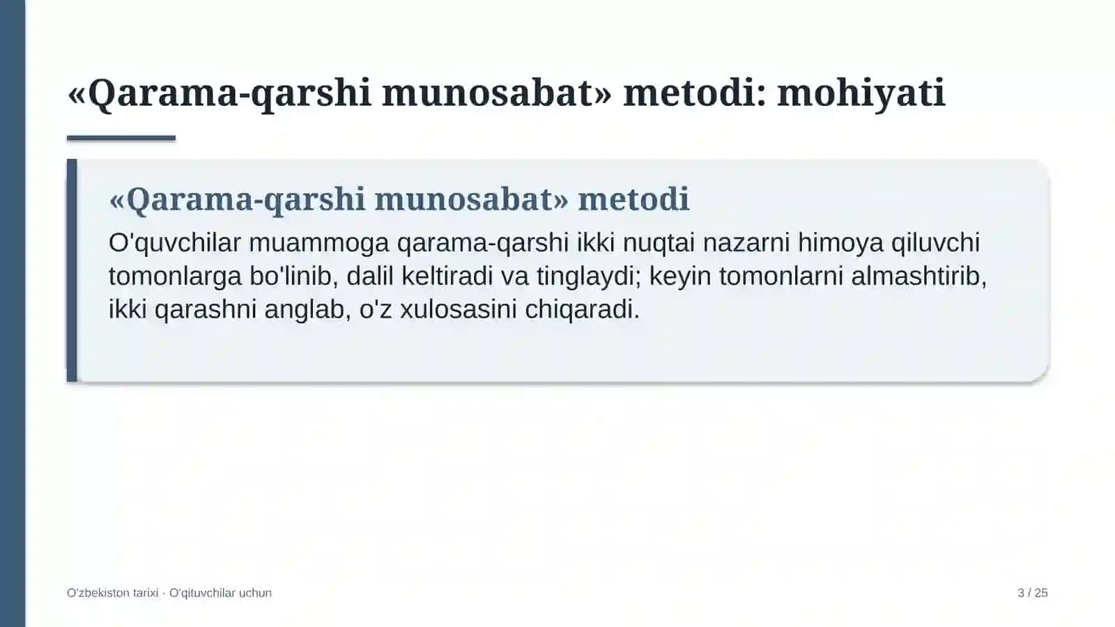 o'zbekiston tarixi darslarida qarama qarshi munosabat metodidan foydalanish 6768 3