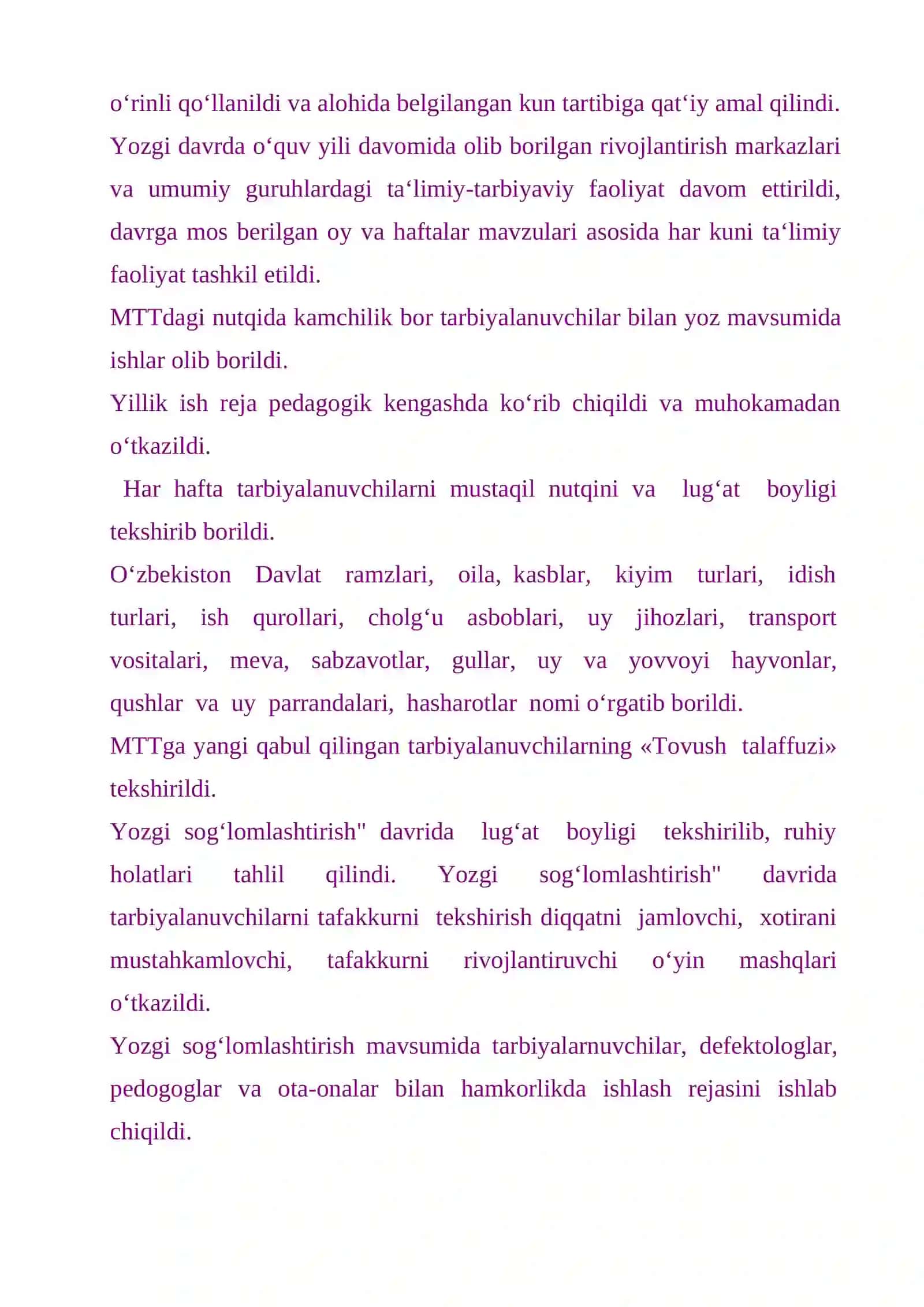 Defektologning hisoboti yoz davri 3