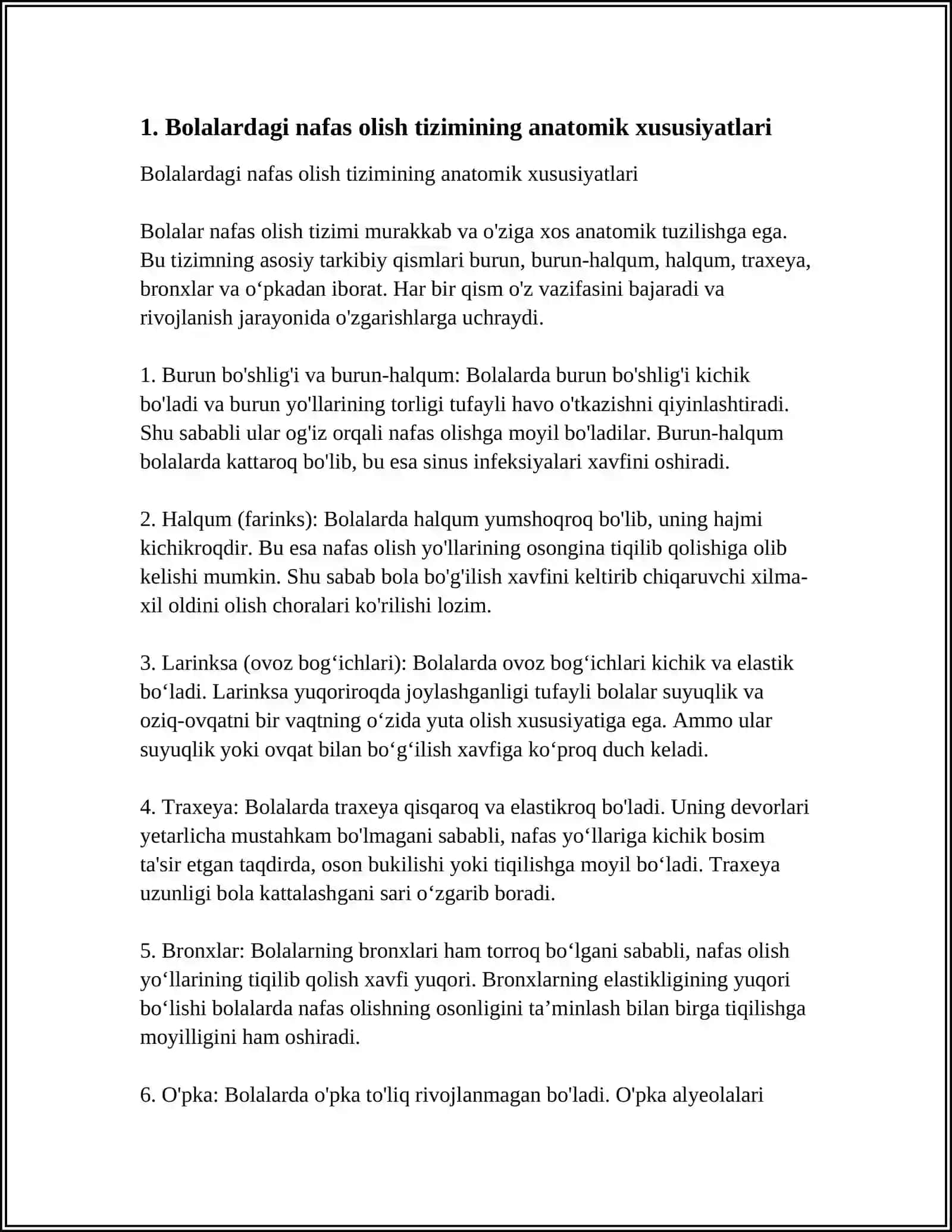 BOLALARDA NAFAS OLISH YURAK QON TOMIR OVQAT HAZM QILISH TIZIMINING ANATOMIK FIZIOLOGIK XUSUSIYATLARI 3