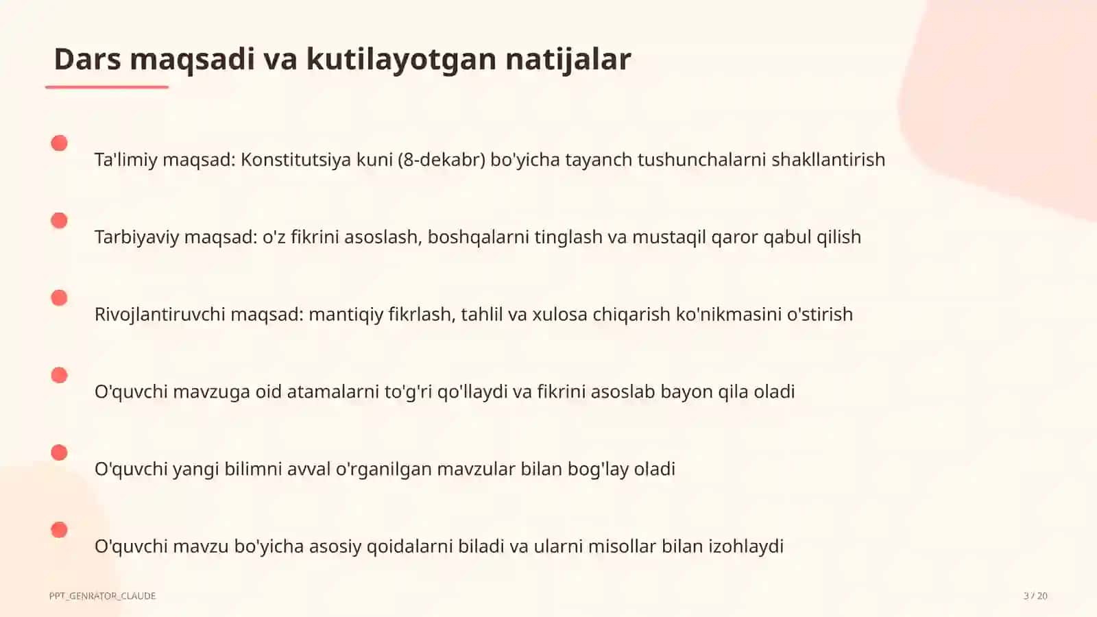 Konstitutsiya kuni (8-dekabr) Sinf soati va tarbiyaviy tadbirlar (1–11) 3