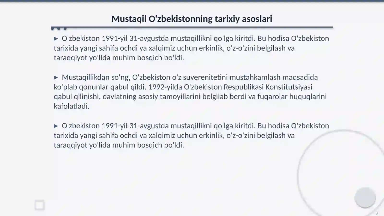 Mustaqil O'zbekistonning tashkil topishining ahamiyati, O'zbekistonning o'ziga xos istiqbol va taraqqiyot yo'li 3